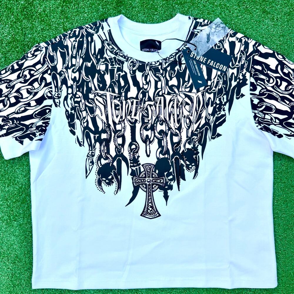 Stone Falcon Skull Chains Of The Cross White And Black T Shirt New With Tags